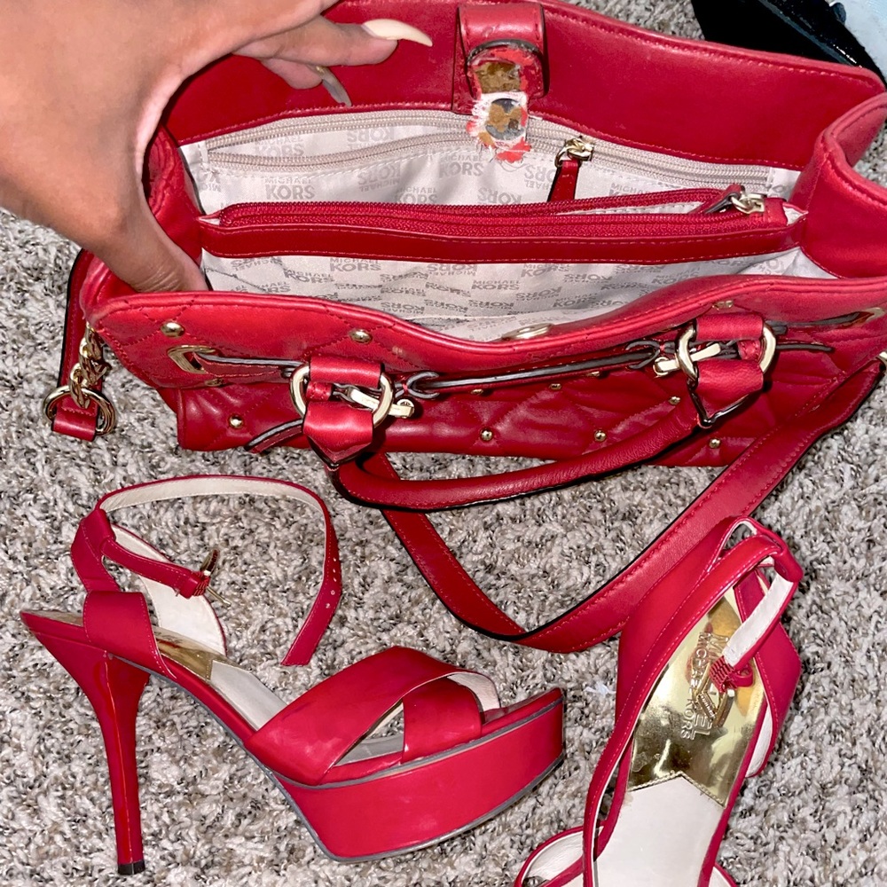 Michael Kors red handbag and heels